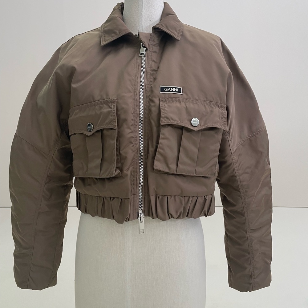Ganni Brown Bomber Jacket with Cropped Silhouette